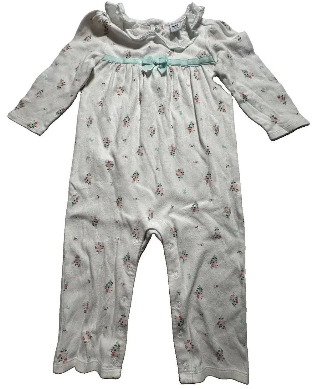 Janie and Jack Floral Romper 12-18 Months White Long Sleeve Bow Cotton Baby Girl